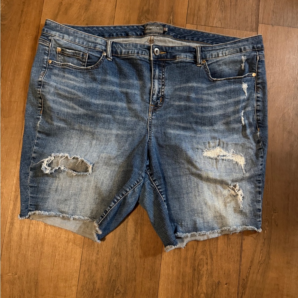 Torrid Blue 5 inch High-Rise Distressed Jean Shorts